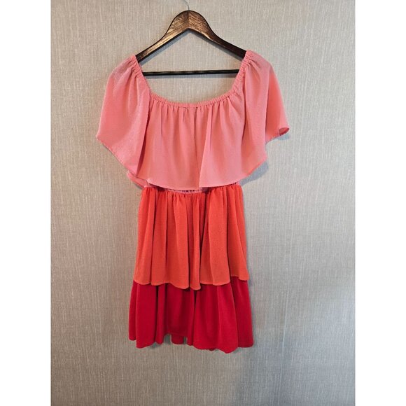 Vici Tiered Off-Shoulder Colorblock Dress Size M Pink Orange Red Polyester Spand - Picture 2 of 12